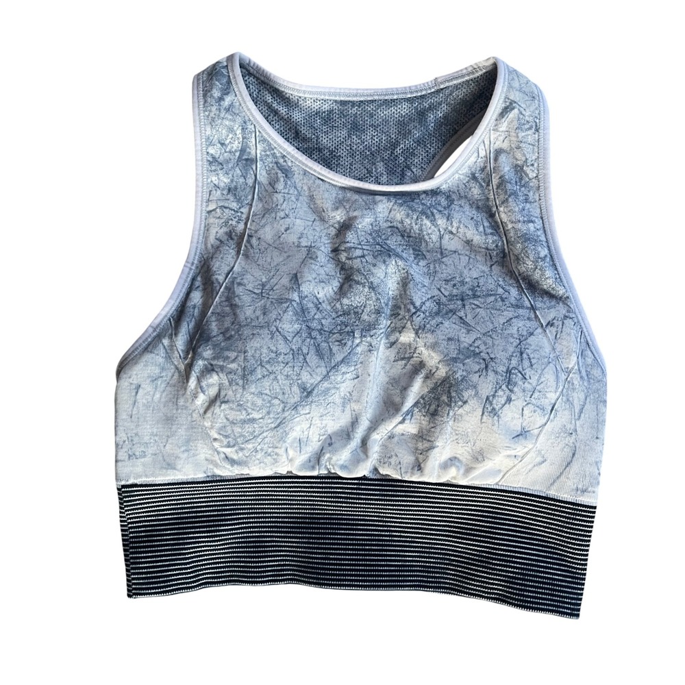 Lululemon Ebb to Train High Neck Sports Bra Women 8 C/D Blue White Tie Dye RARE